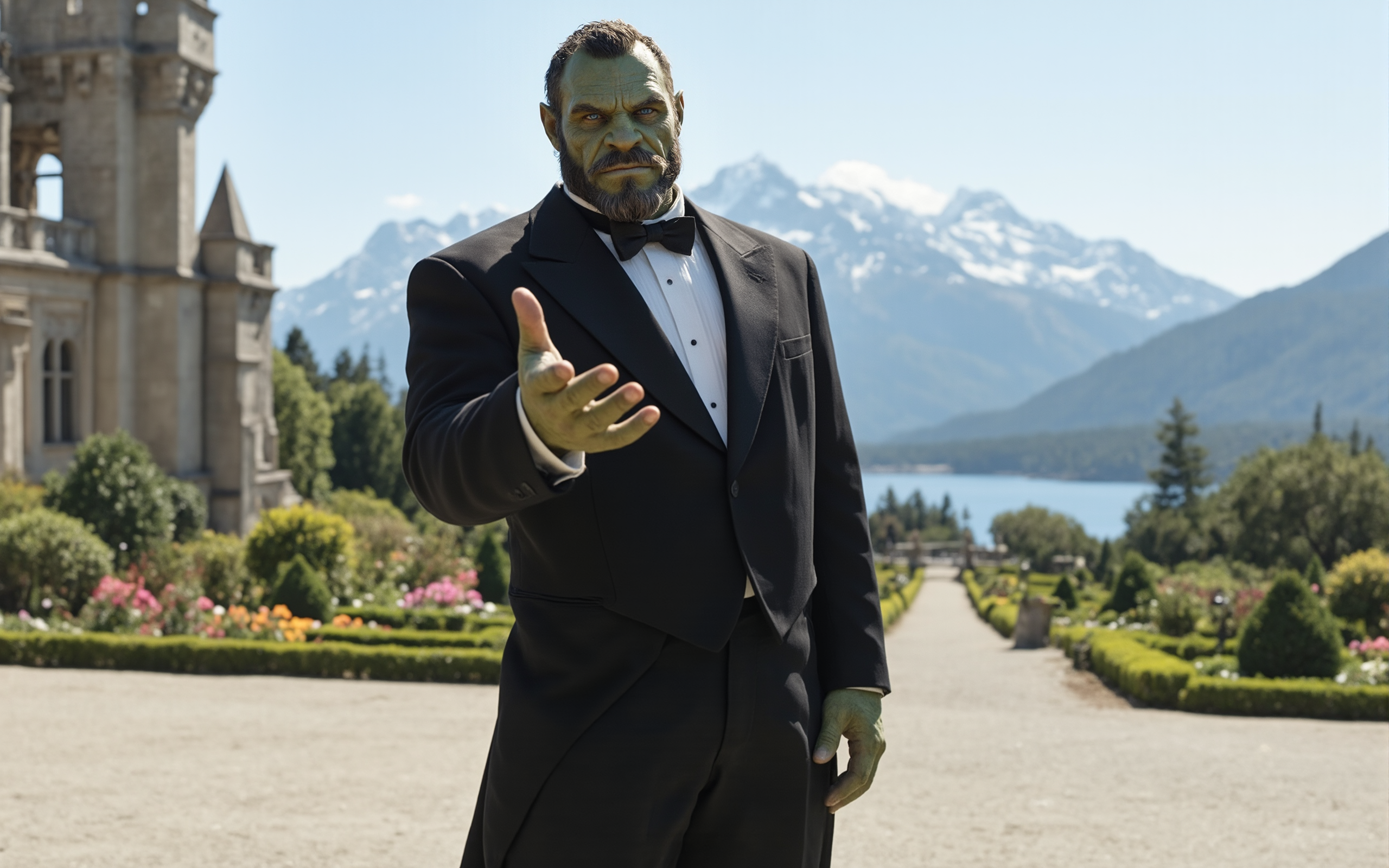 02097-2654582931-Cinematic photograph of a rugged green orc looks like Arthur Morgan, dressed in a classic black tuxedo, stands gracefully in an.png